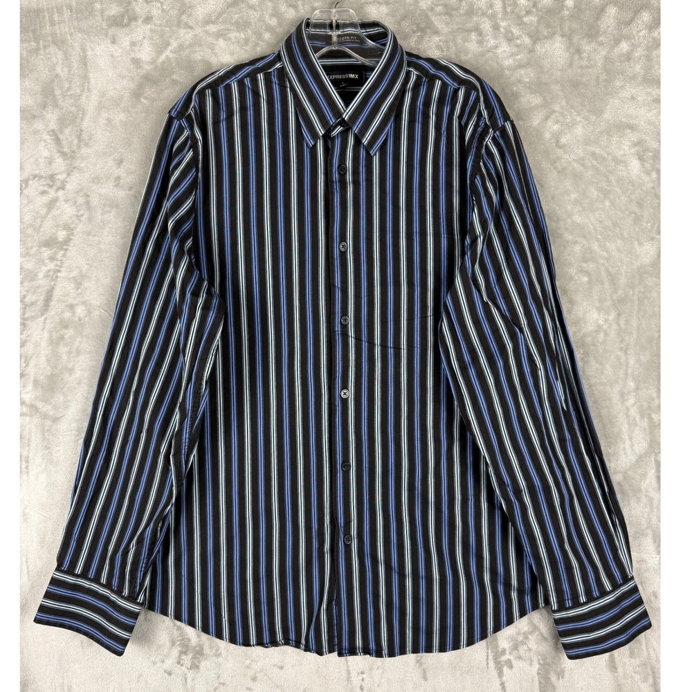 EXPRESS MX Mens Striped Button Down Dress Shirt L 16 16 1/2 Black Blue White
